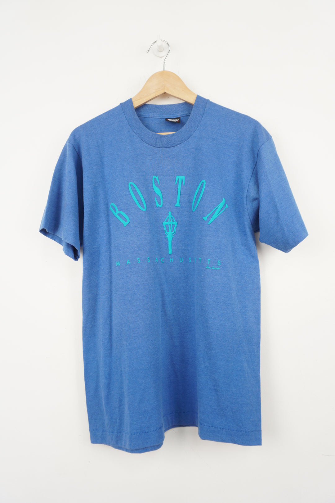 Vintage 1980/90's all blue 'Boston Massachusetts' single stitch, spell-out t-shirt with raised lettering 