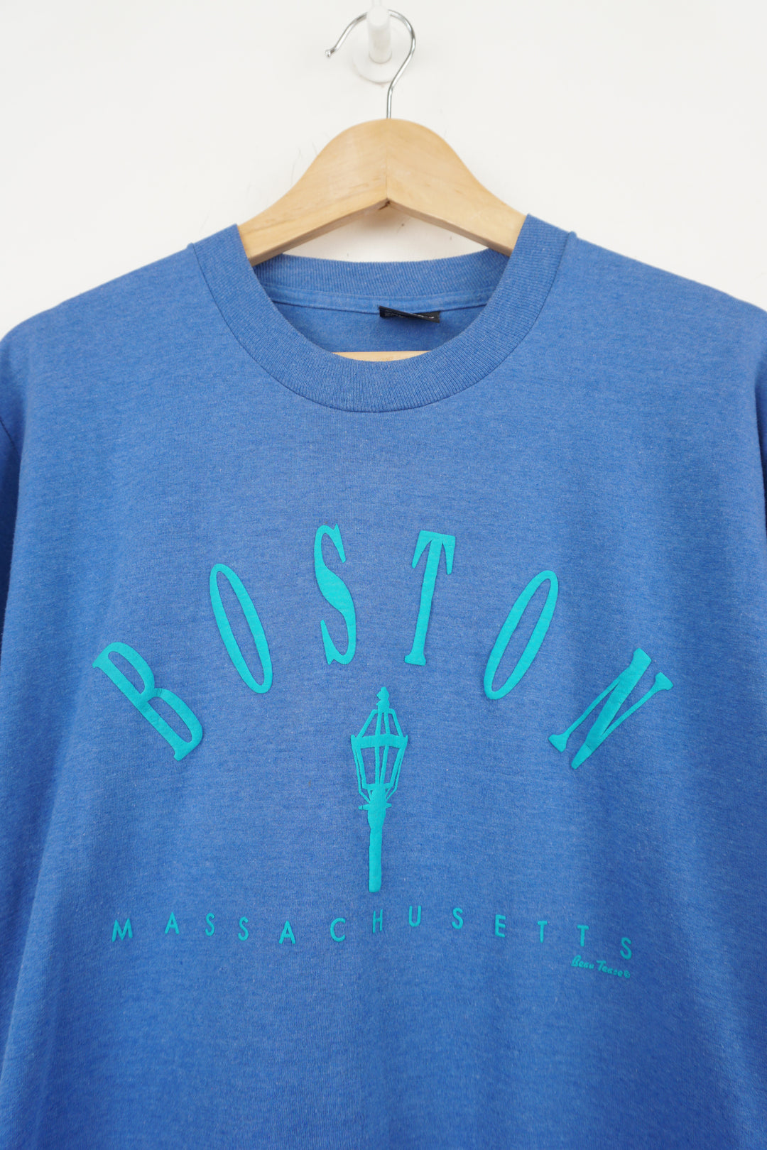 Vintage 1980/90's all blue 'Boston Massachusetts' single stitch, spell-out t-shirt with raised lettering 