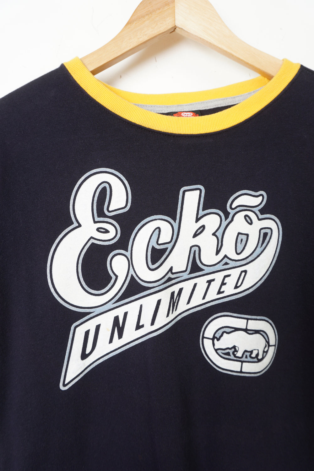 Vintage ECKO Unltd navy blue and yellow spell-out ringer t-shirt 