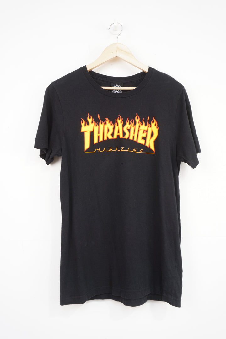 Vintage Thrasher Magazine black spell-out flame graphic t-shirt 