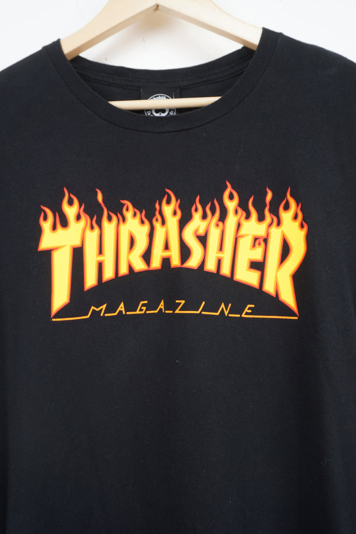 Vintage Thrasher Magazine black spell-out flame graphic t-shirt 