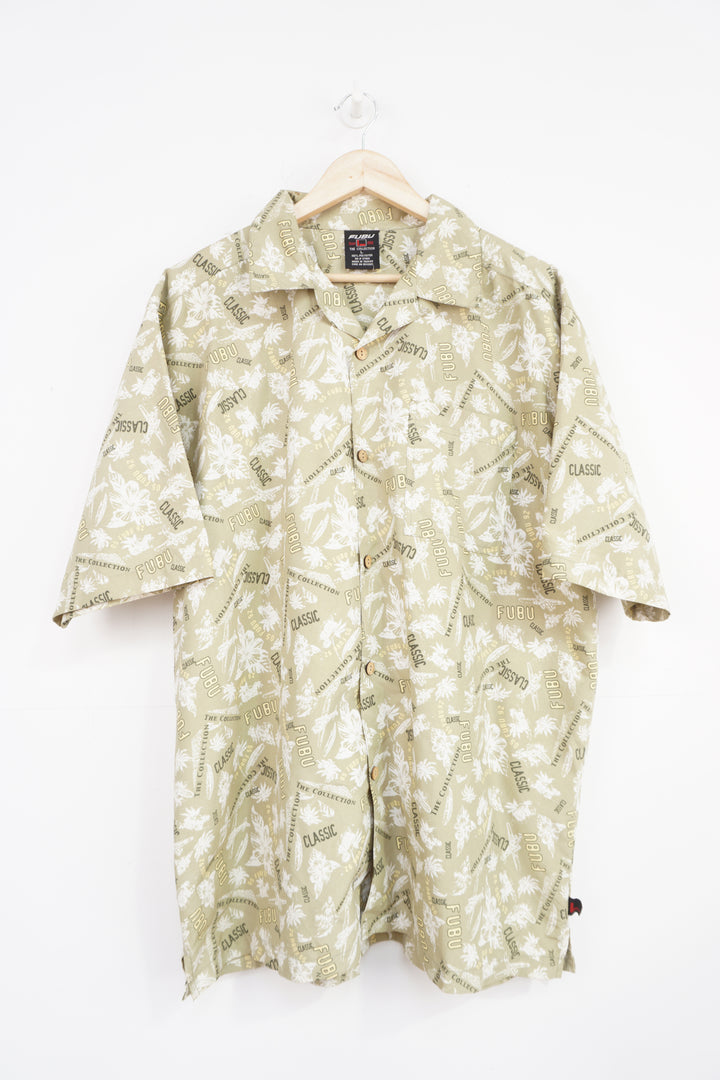 Y2k FUBU sage green all over tropical print button up Hawaiian shirt 