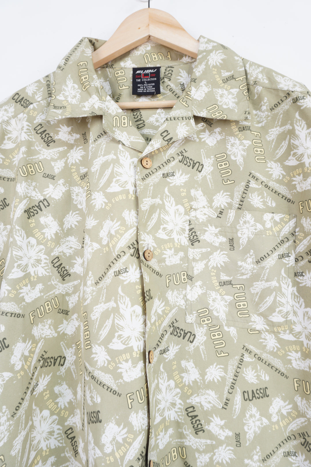 Y2k FUBU sage green all over tropical print button up Hawaiian shirt 