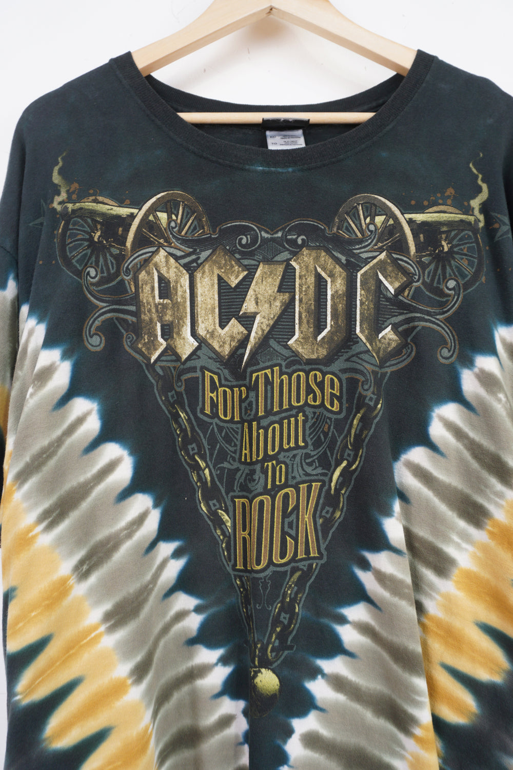 Vintage Liquid Blue x ACDC 'for those about to rock' black and gold tie dye t-shirt with graphics on the front and back