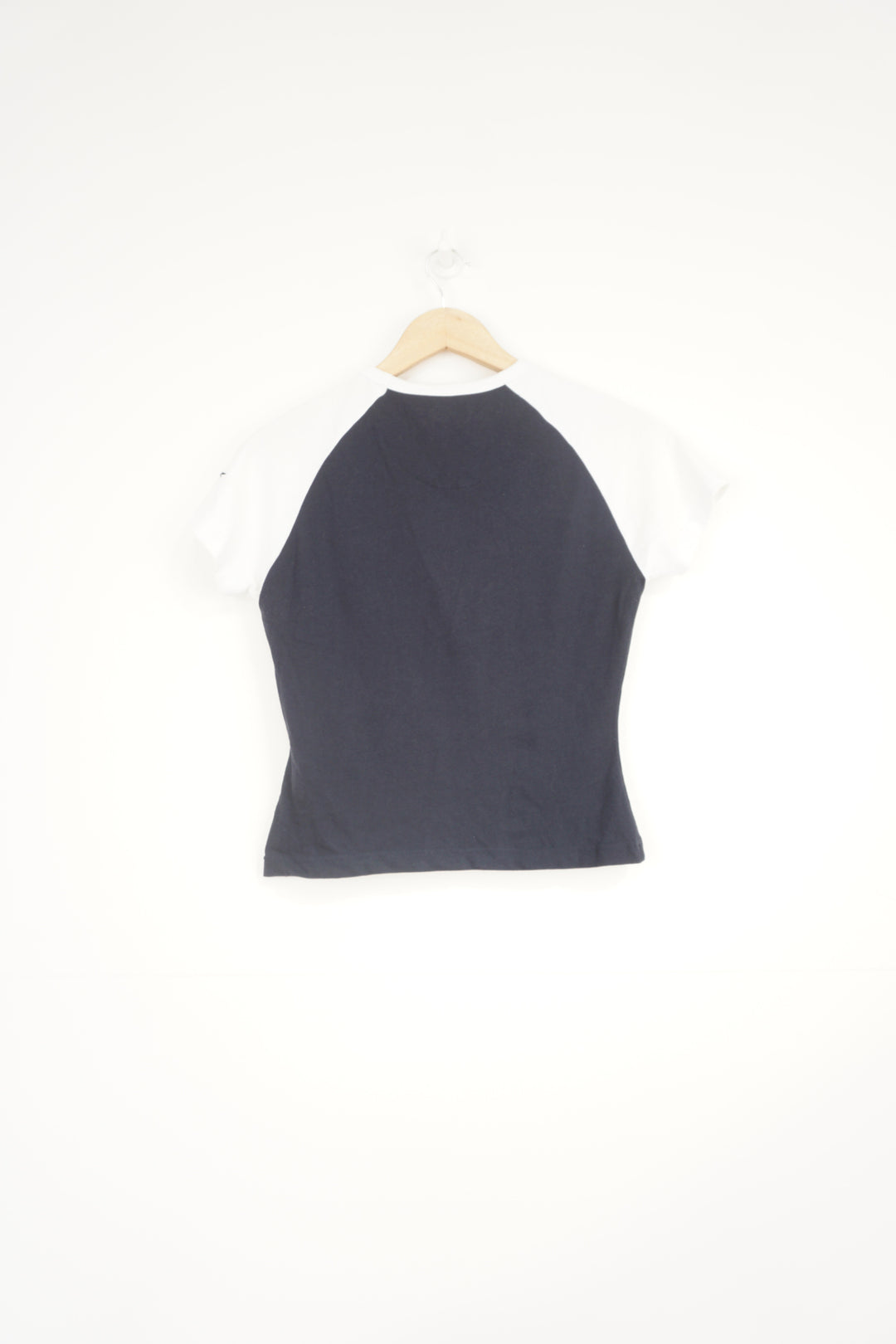 navy blue and white Reebok baby tee style t-shirt with embroidered logo on the chest