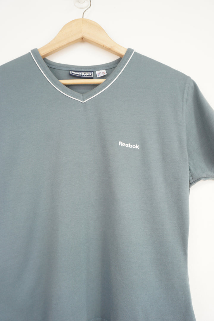 Teal blue almost grey Reebok v-neck t-shirt with embroidered logo on the chest