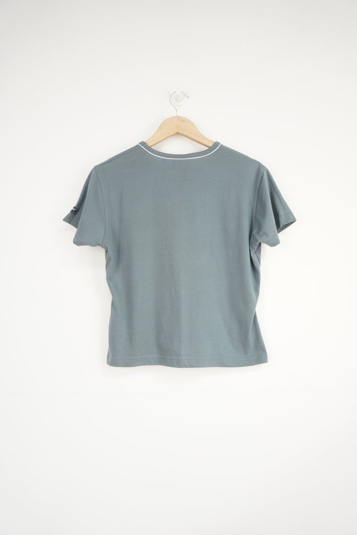 Teal blue almost grey Reebok v-neck t-shirt with embroidered logo on the chest