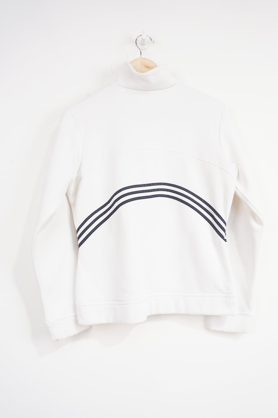 Adidas white 1/4 zip sweatshirt with navy blue embroidered logo on the chest and three stripes on the side 