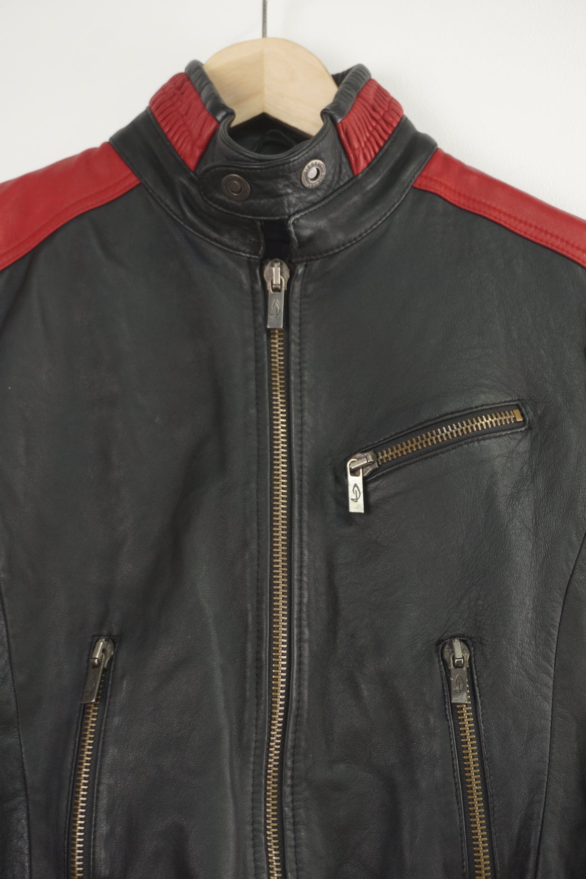 Vintage Y2K Diesel red and black zip through leather biker style jacket