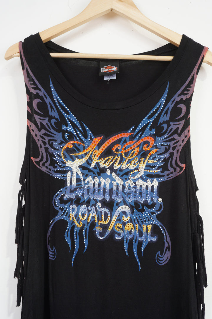 Harley Davidson all black vest with spell-out bedazzled logo on the front and tied fringe sides