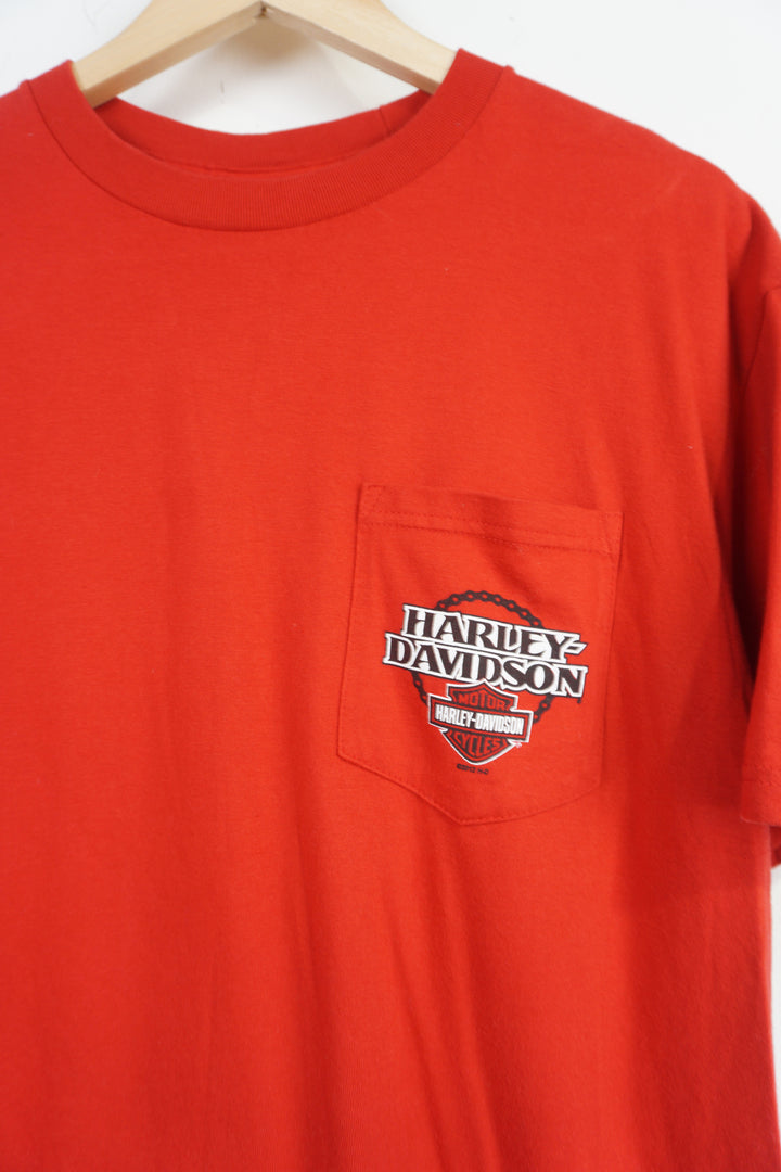 Vintage 2012 Harley Davidson Boston, MA red t-shirt with pocket and logo on front and spell-out Graphic on the back