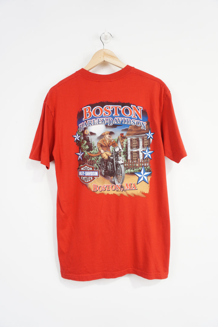 Vintage 2012 Harley Davidson Boston, MA red t-shirt with pocket and logo on front and spell-out Graphic on the back