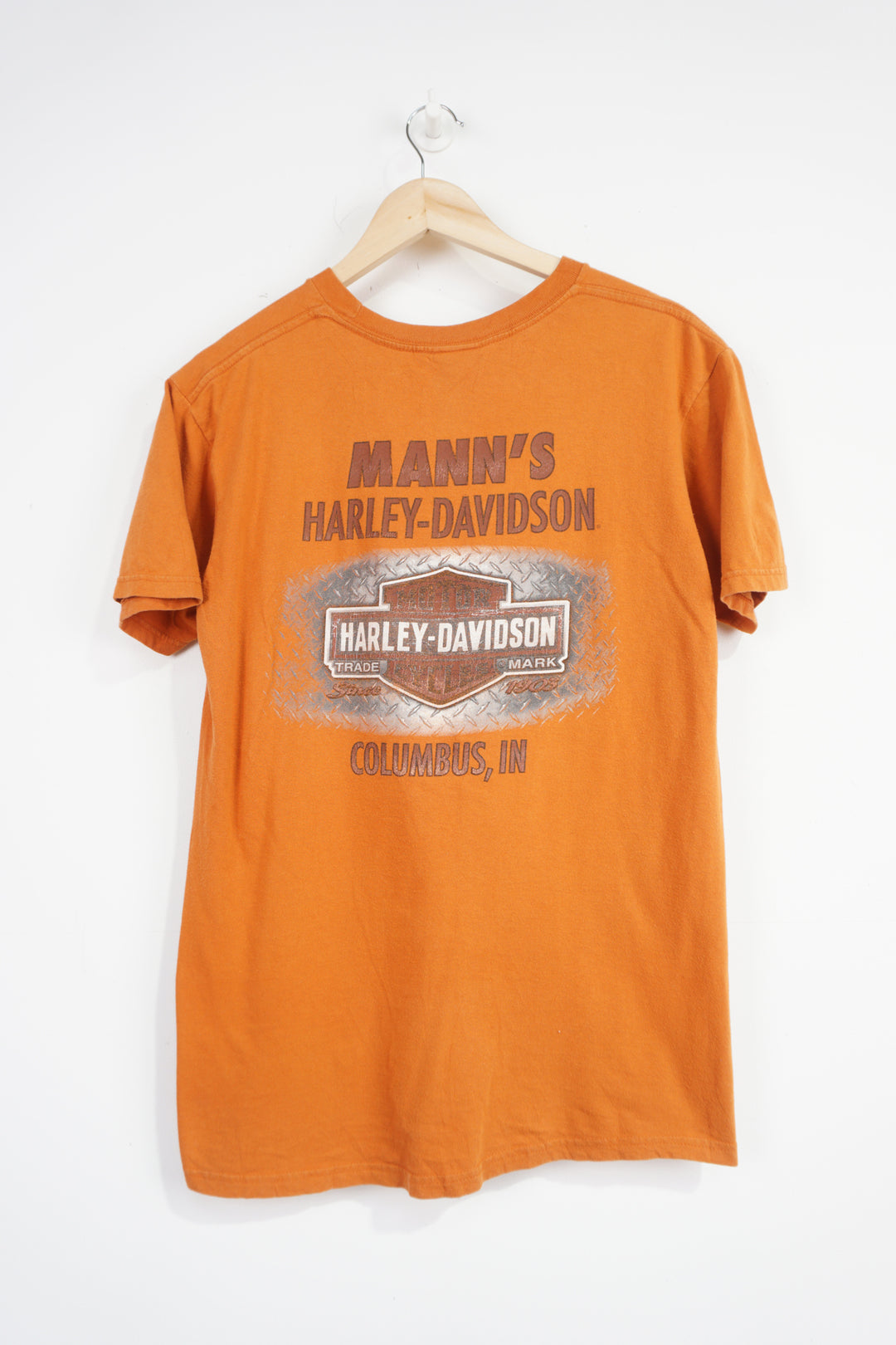 Harley Davidson orange t-shirt with spell-out and graphic on the front and back