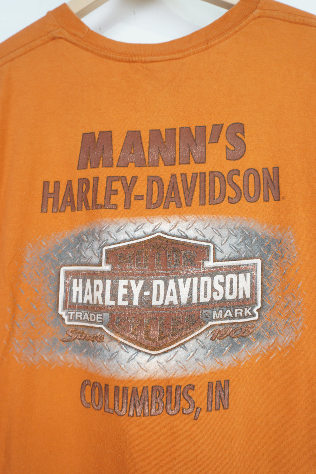 Harley Davidson orange t-shirt with spell-out and graphic on the front and back