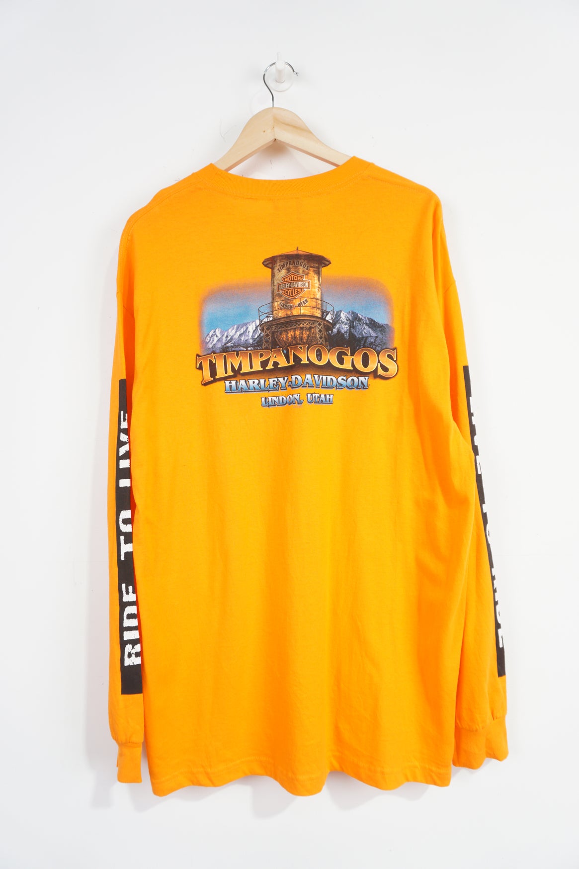 Harley Davidson orange long sleeve t-shirt with spell-out and graphic on the front and back