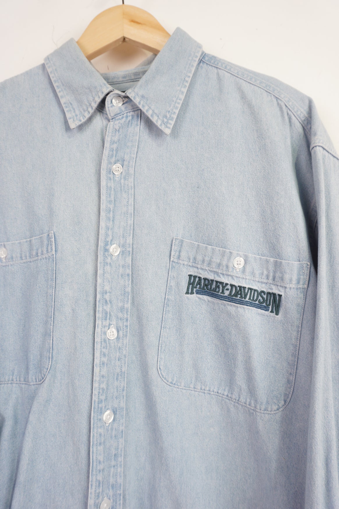 Harley-Davidson light blue denim button up shirt with embroidered spell-out logo on the chest