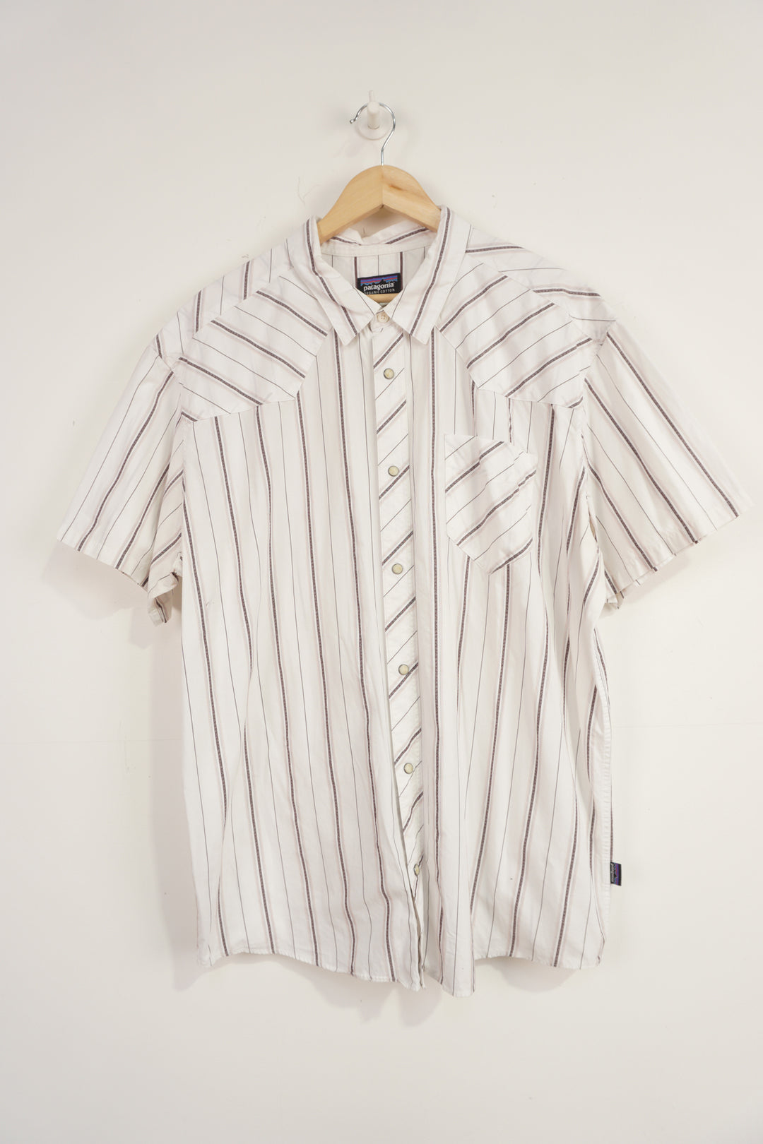 Patagonia white striped organic cotton button up shirt with pearl effect popper buttons