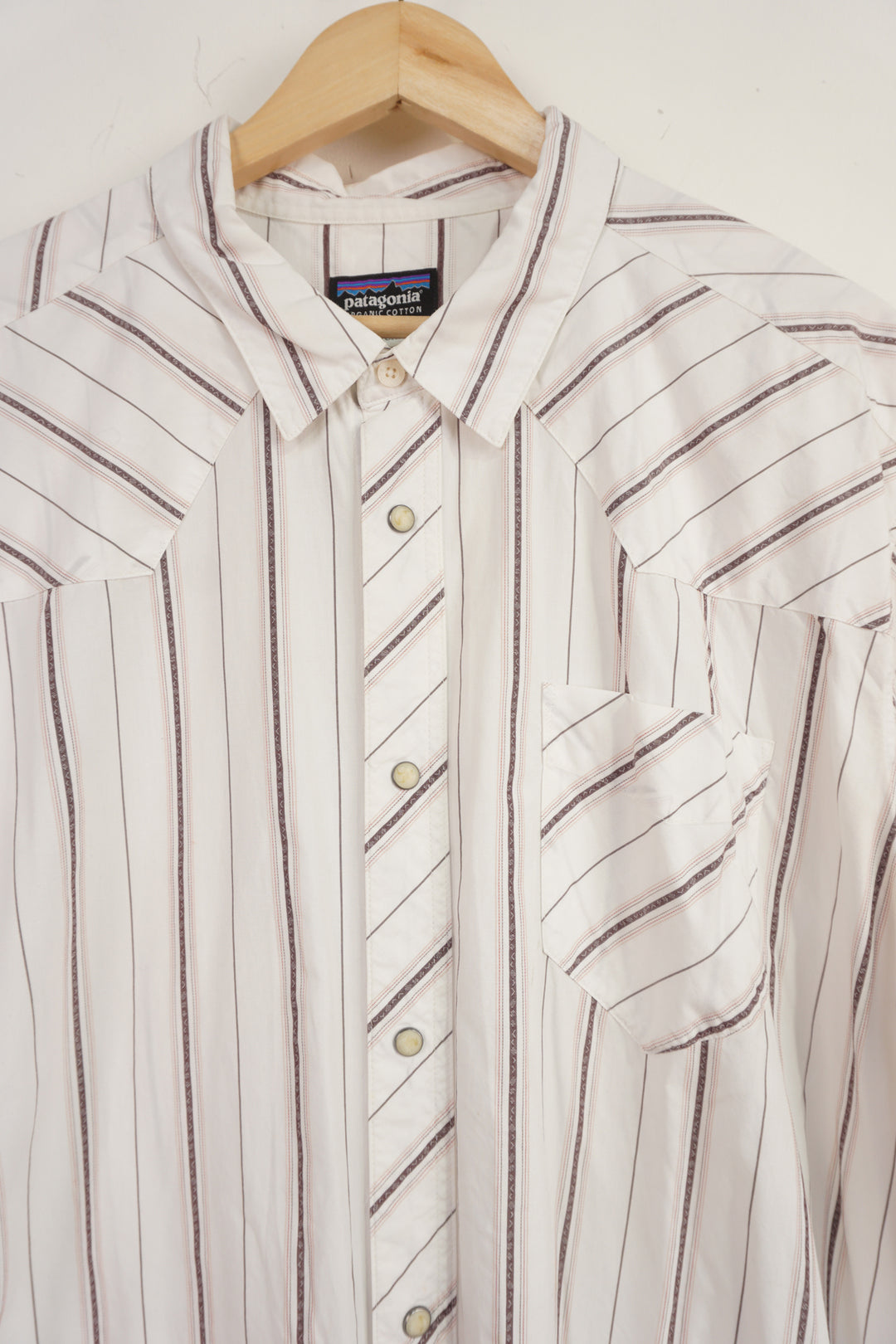 Patagonia white striped organic cotton button up shirt with pearl effect popper buttons