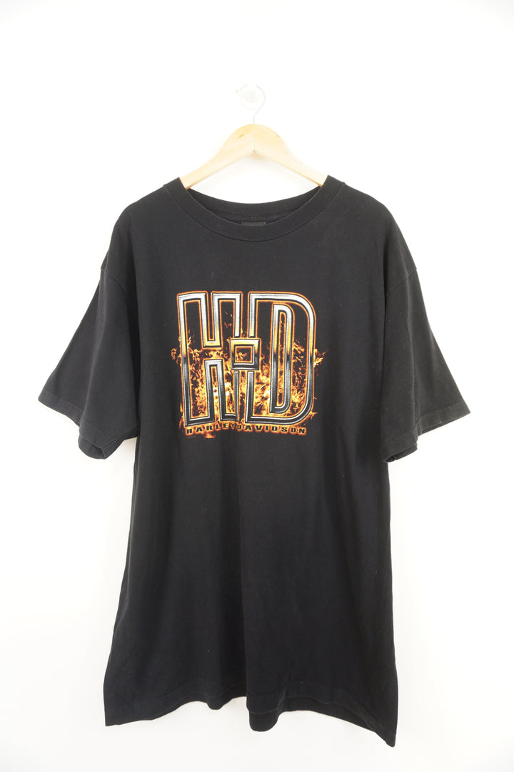 00's Harley Davidson Mason City black t-shirt with printed graphics on the front and  back