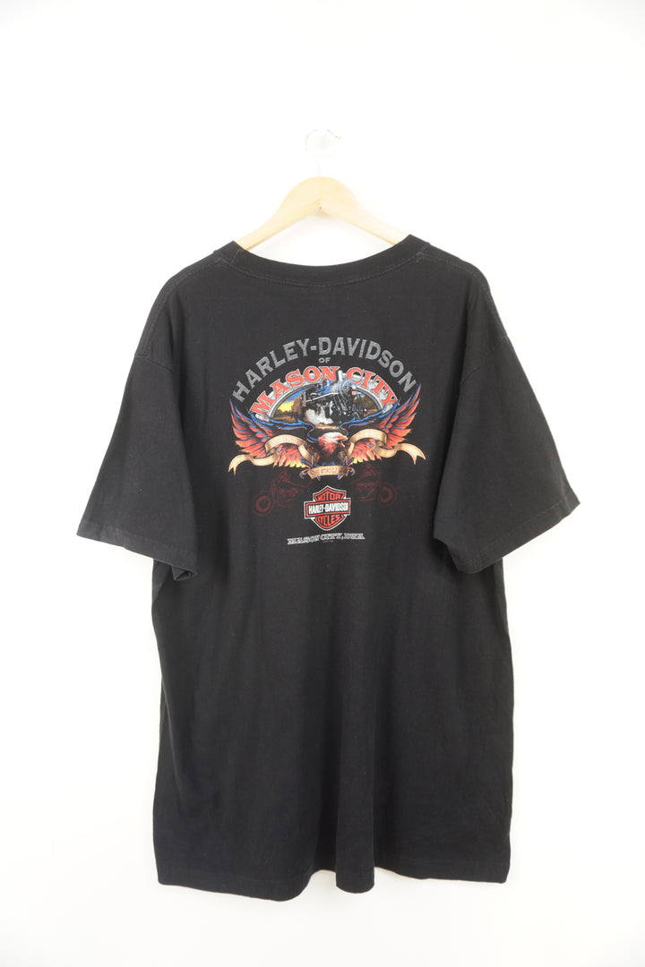 00's Harley Davidson Mason City black t-shirt with printed graphics on the front and  back