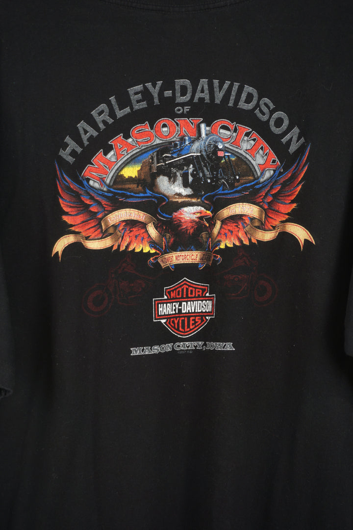 00's Harley Davidson Mason City black t-shirt with printed graphics on the front and  back