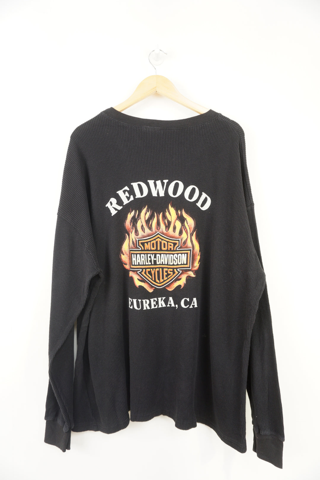 Vintage 90's Harley Davidson waffled long sleeve t-shirt with spell-out graphics on the front and back