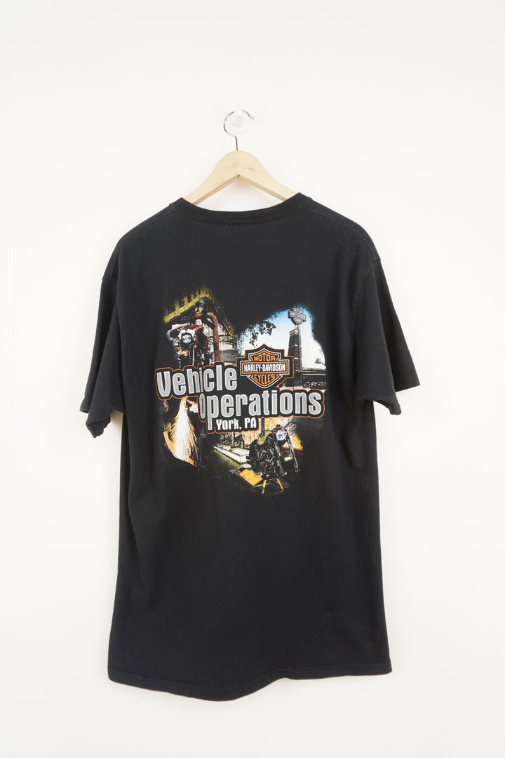 00's Harley Davidson black York PA, t-shirt with printed graphics on the front and back