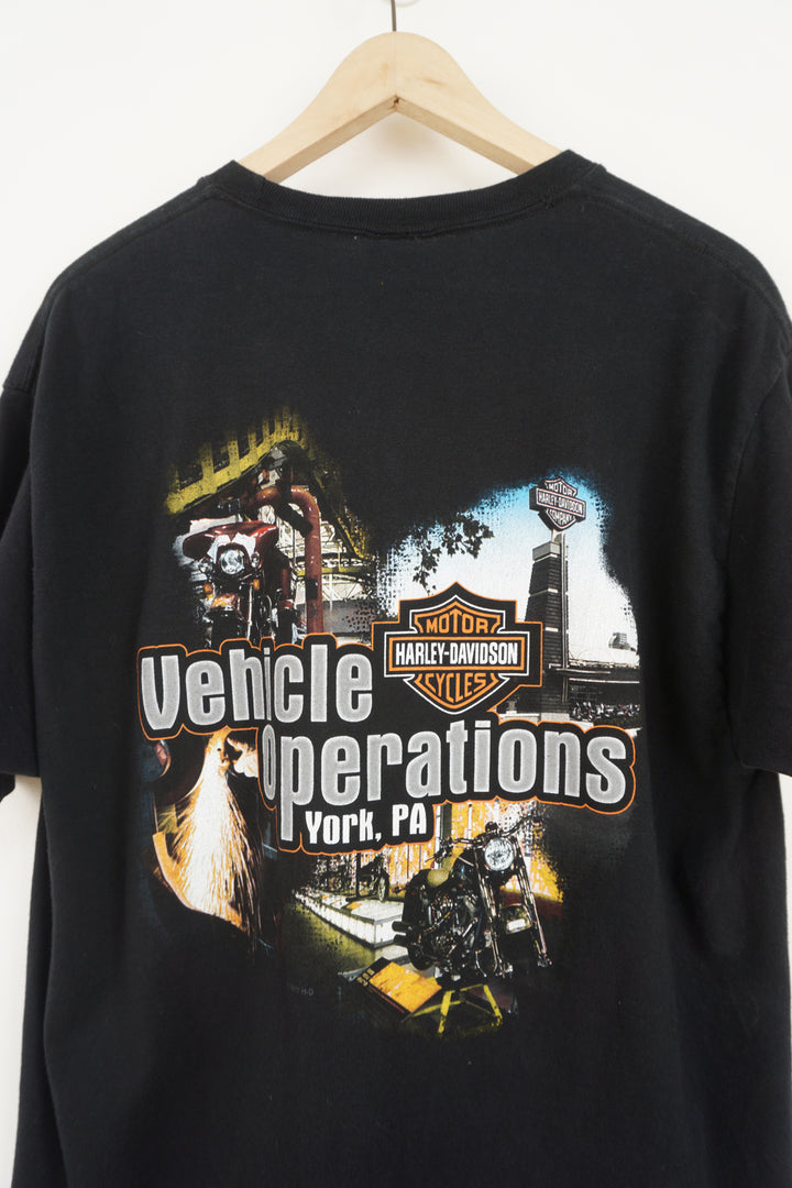 00's Harley Davidson black York PA, t-shirt with printed graphics on the front and back