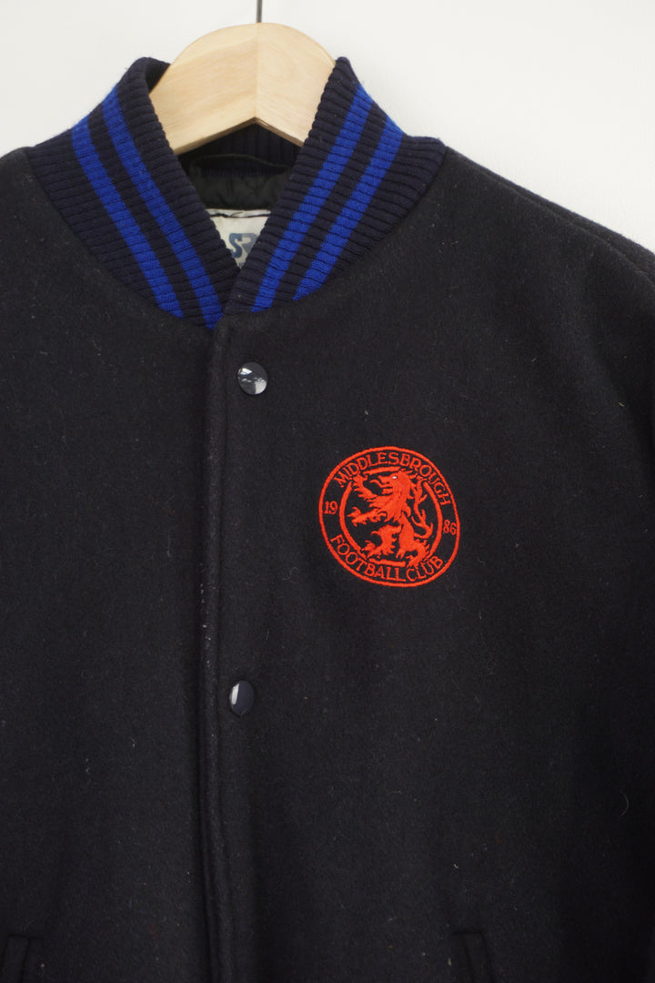 Vintage 80's navy blue wool varsity jacket. Features embroidered Middlesborough F.C  on the chest 