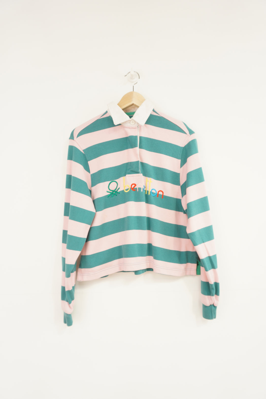 Vintage Benetton green and pink striped polo shirt with embroidered logo across the chest