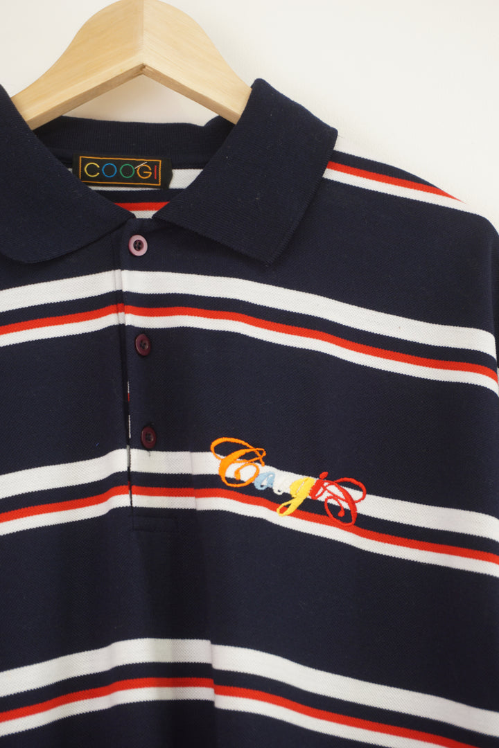 Vintage Coogi navy blue, striped polo shirt with embroidered logo on the chest