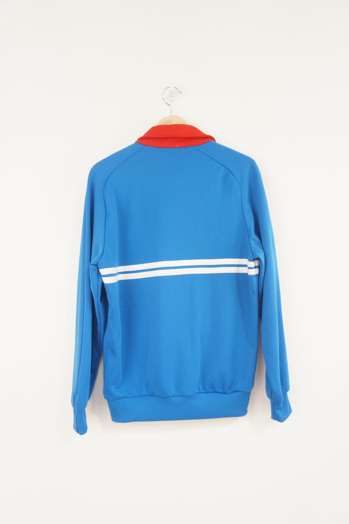 Vintage 80's Casual Sergio Tacchini blue tracksuit top with embroidered logo on the chest and white stripe details 