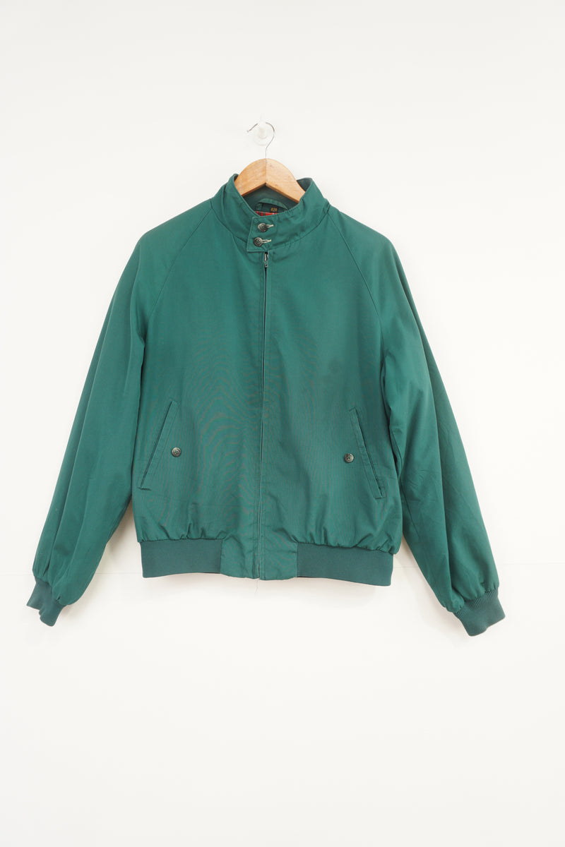 Green Baracuta harrington jacket, with elasticated waist and cuffs, red plaid lining