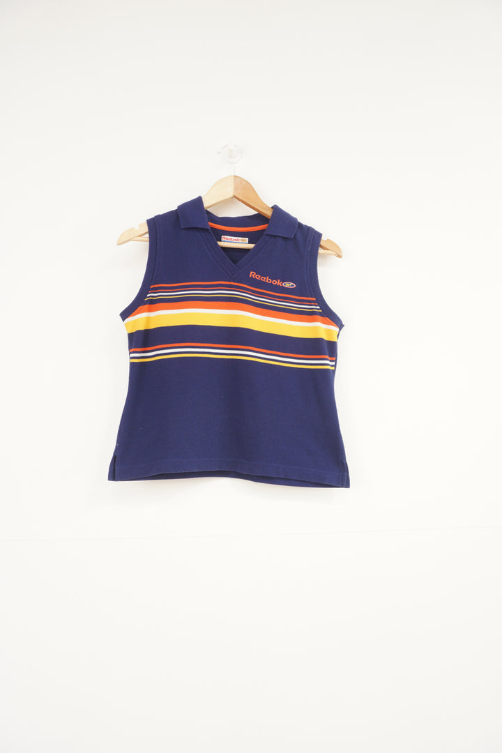 Reebok bleu polo style vest top with embroidered spell-out logo on the chest