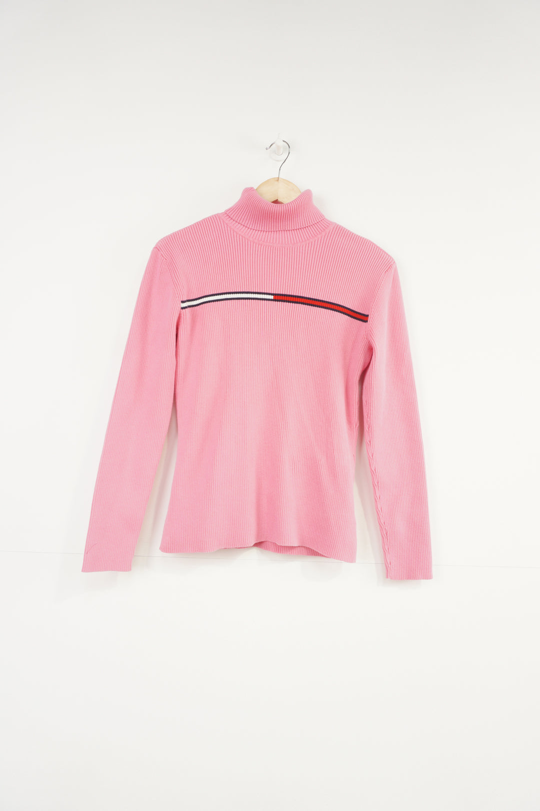 Tommy Hilfiger pink high neck ribbed jumper with signature flag logo across the chest