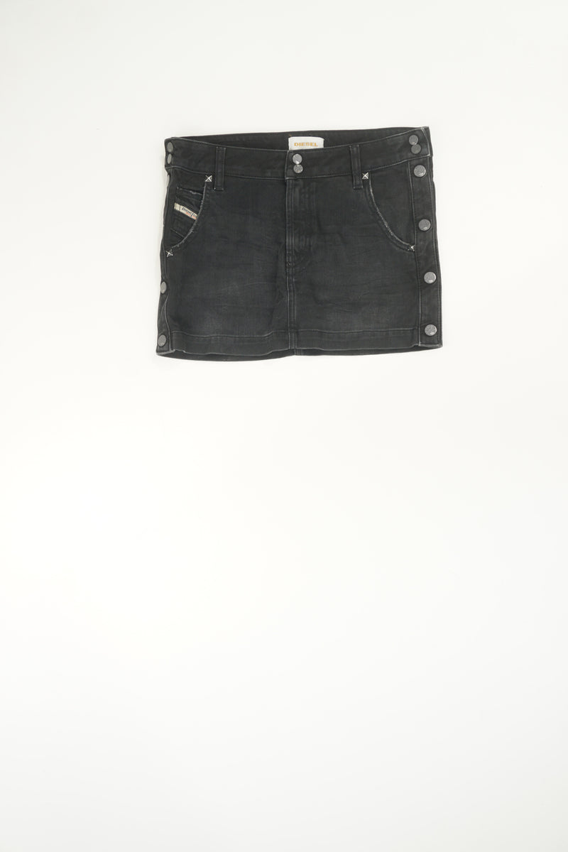 Vintage Y2K Diesel distressed black denim mini skirt with signature logo on the pocket