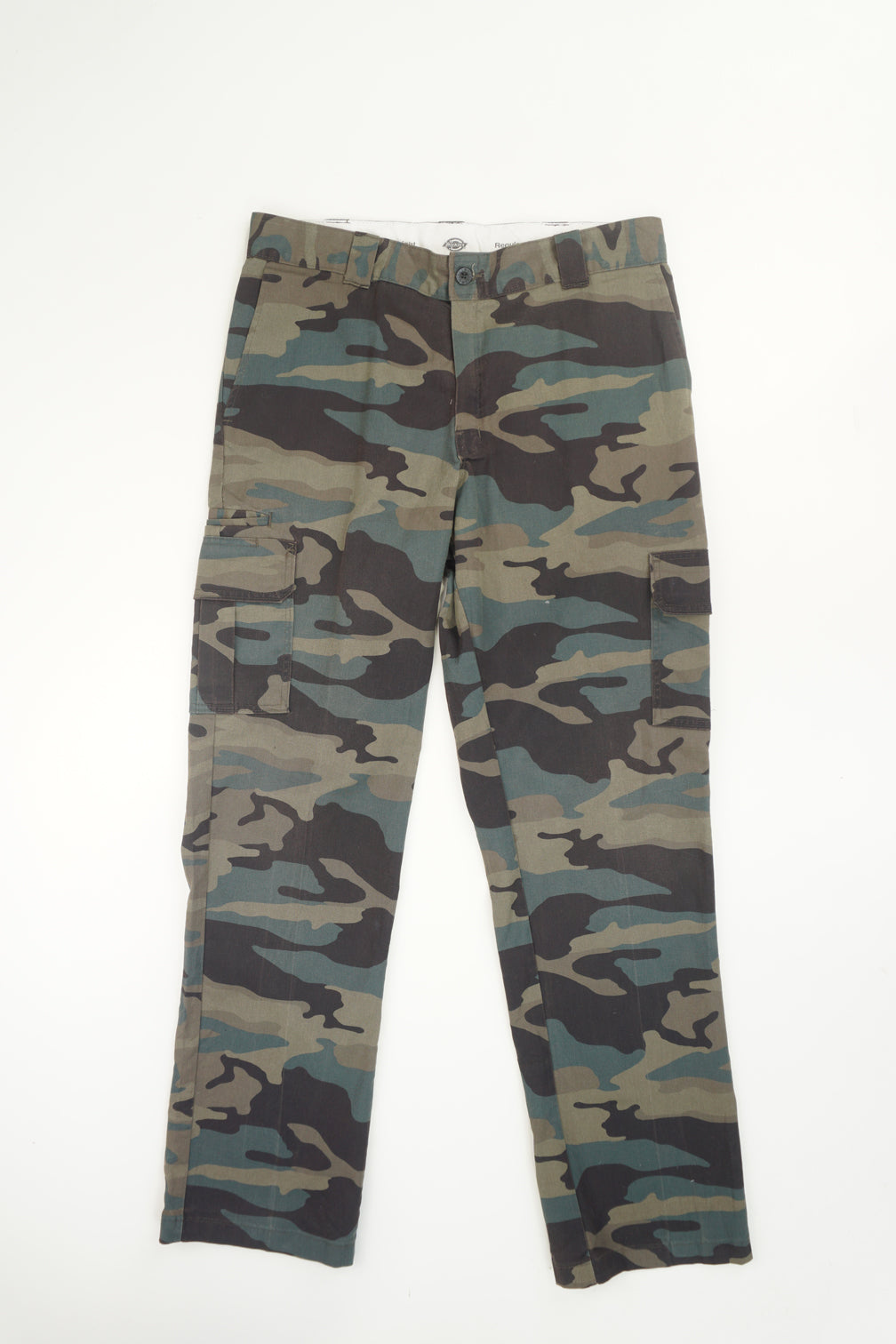 Dickies khaki green camouflage cotton cargo style trousers with multiple pockets