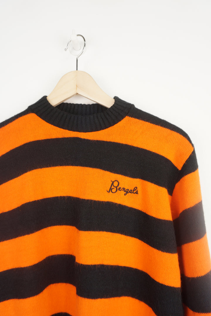 Vintage 1980's Cincinnati Bengals orange and black striped knit jumper with embroidered logo on the chest