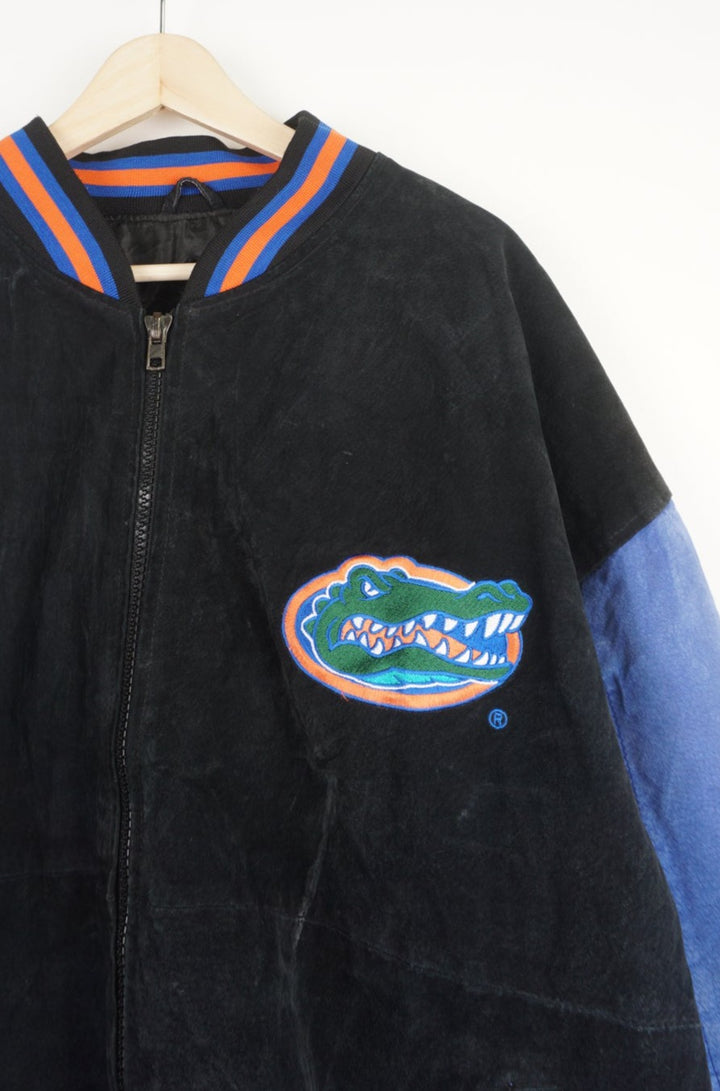 Vintage Florida Gators black and blue suede bomber jacket with embroidered badge and spell-out details