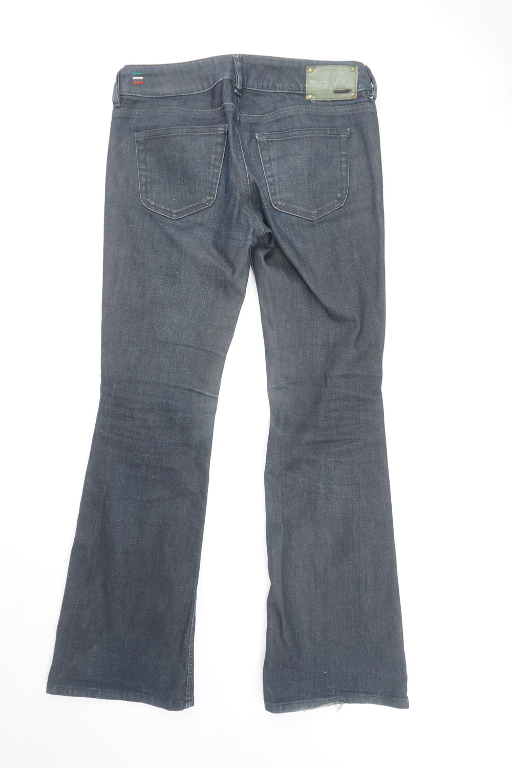 Diesel 'Louvely' dark wash, low rise boot leg jeans with signature logo on the pocket