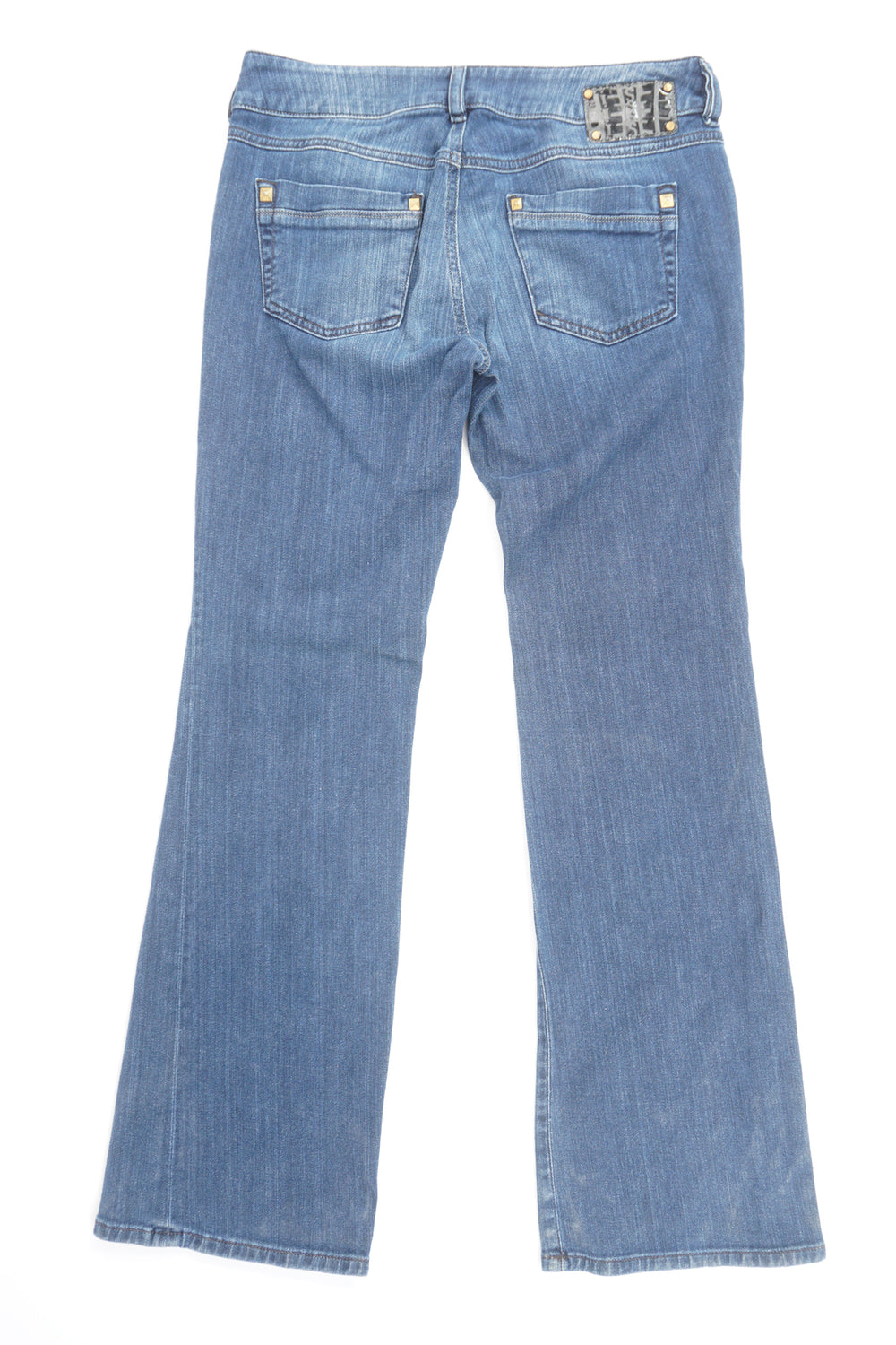 Diesel 'Ronhar' dark wash low rise flared leg jeans with signature logo on the pocket