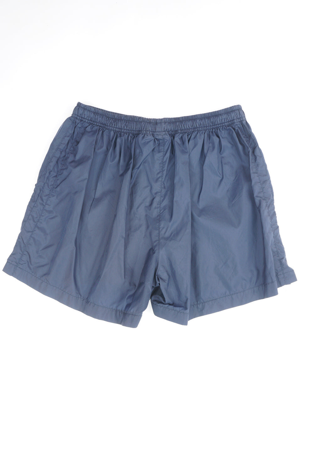 Nike navy blue nylon sports shorts with white embroidered swoosh on the leg 