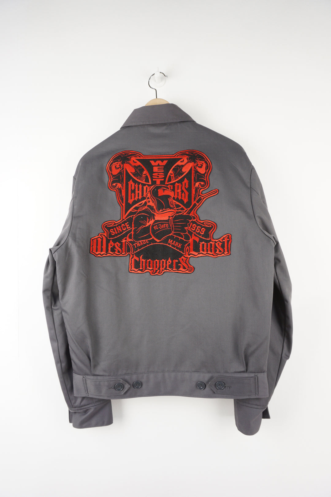 Dickies x West Coast Choppers grey zip up cotton jacket with embroidered badge and large motif on the back