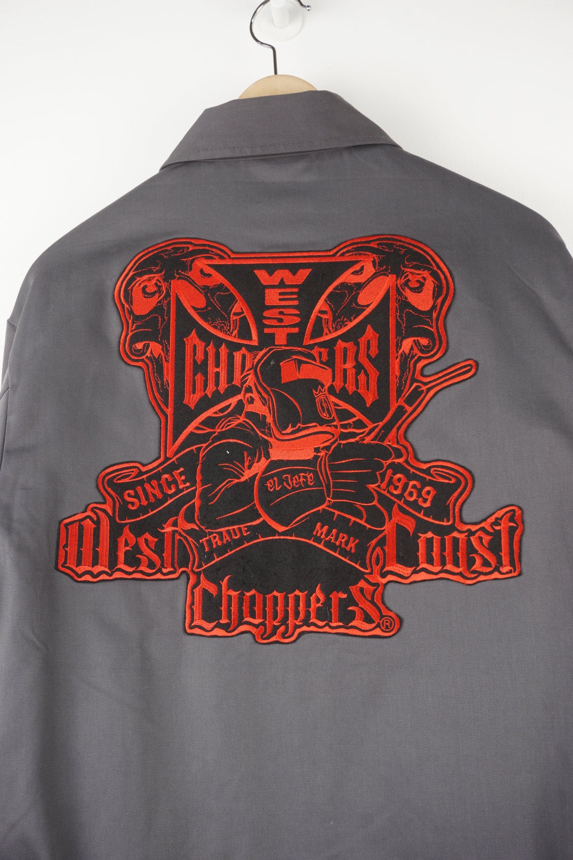 Dickies x West Coast Choppers grey zip up cotton jacket with embroidered badge and large motif on the back