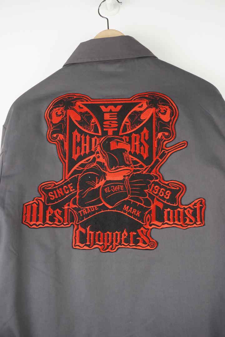 Dickies x West Coast Choppers grey zip up cotton jacket with embroidered badge and large motif on the back