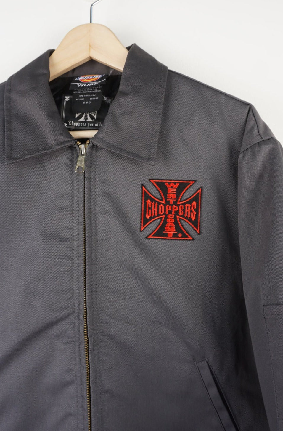 Dickies x West Coast Choppers grey zip up cotton jacket with embroidered badge and large motif on the back