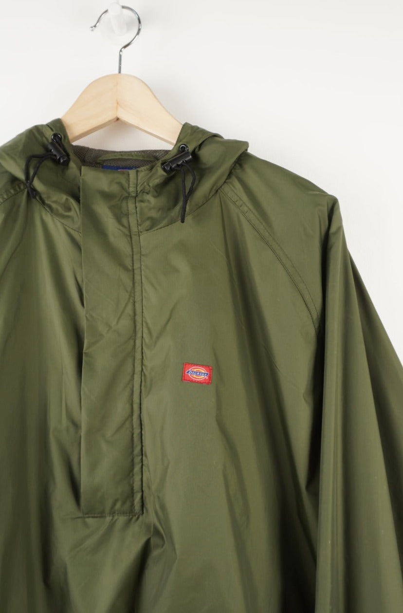 Dickies khaki green 1/4 zip pullover hooded windbreaker jacket with embroidered logo on the chest