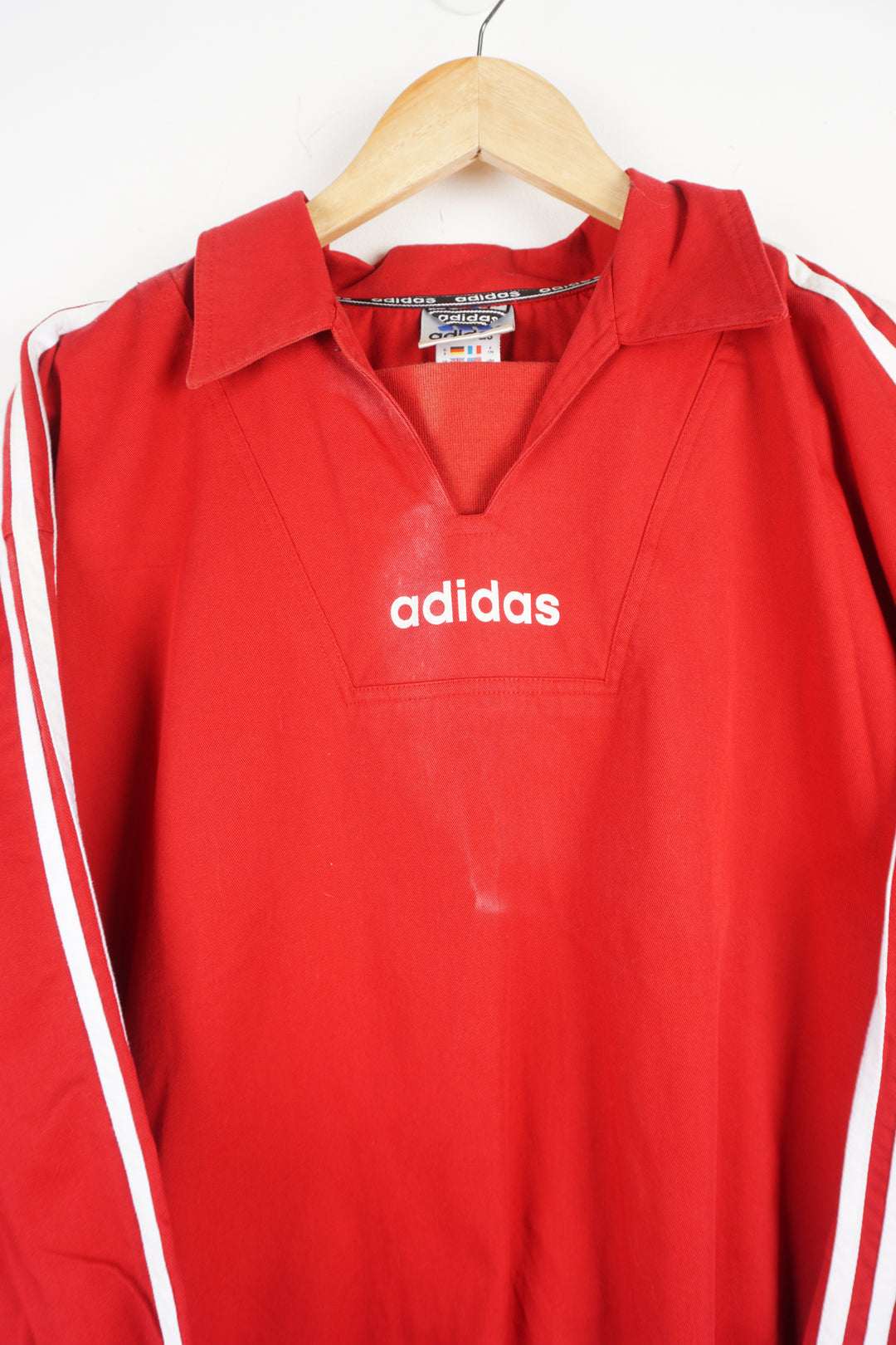 Vintage 90's Adidas  red cotton drill top with printed logo on the chest and printed logo on the back