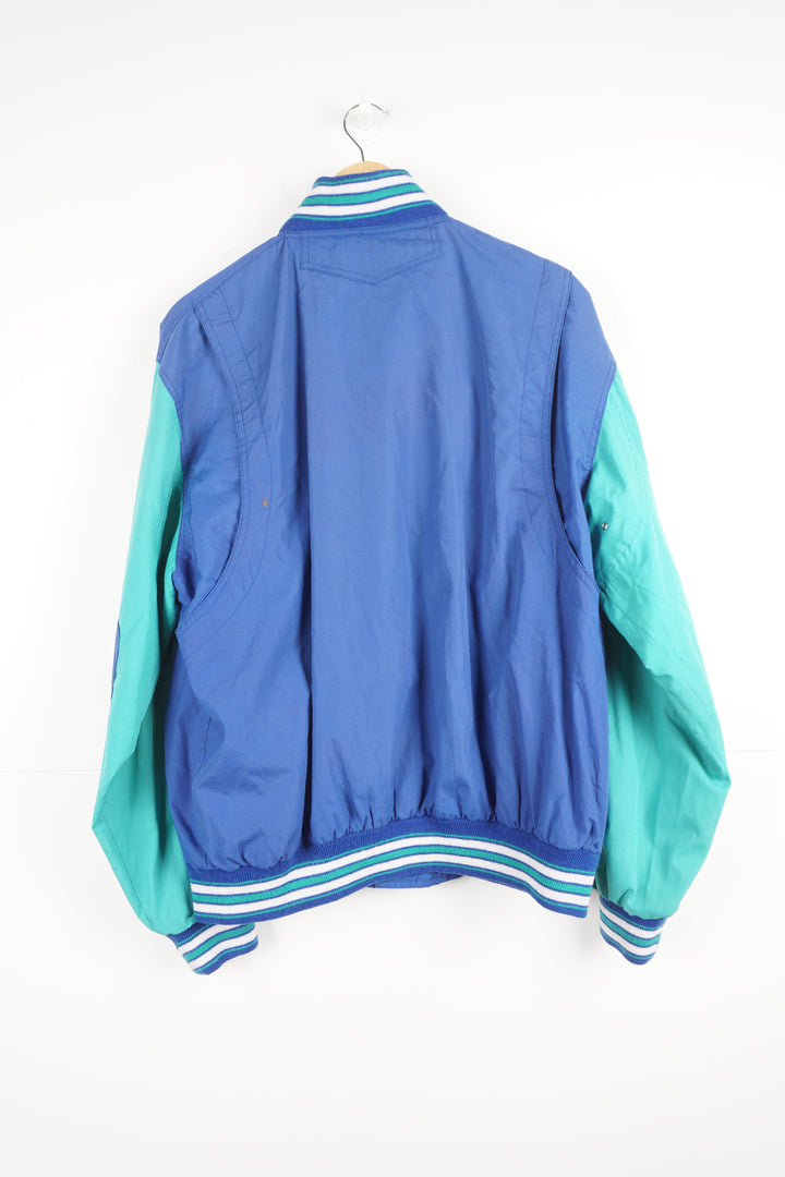 Vintage 1987-89 Chelsea Collection green and blue cotton bomber jacket with embroidered badge on the chest