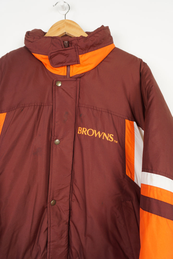 Vintage brown and orange Cleveland Browns NFL Gameday pro sport jacket with embroidered spell-out logos on the front and back